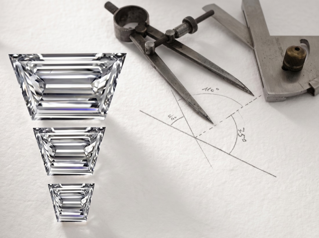 Tapered baguette diamonds beside a drafting compass and a hand-drawn cutting diagram