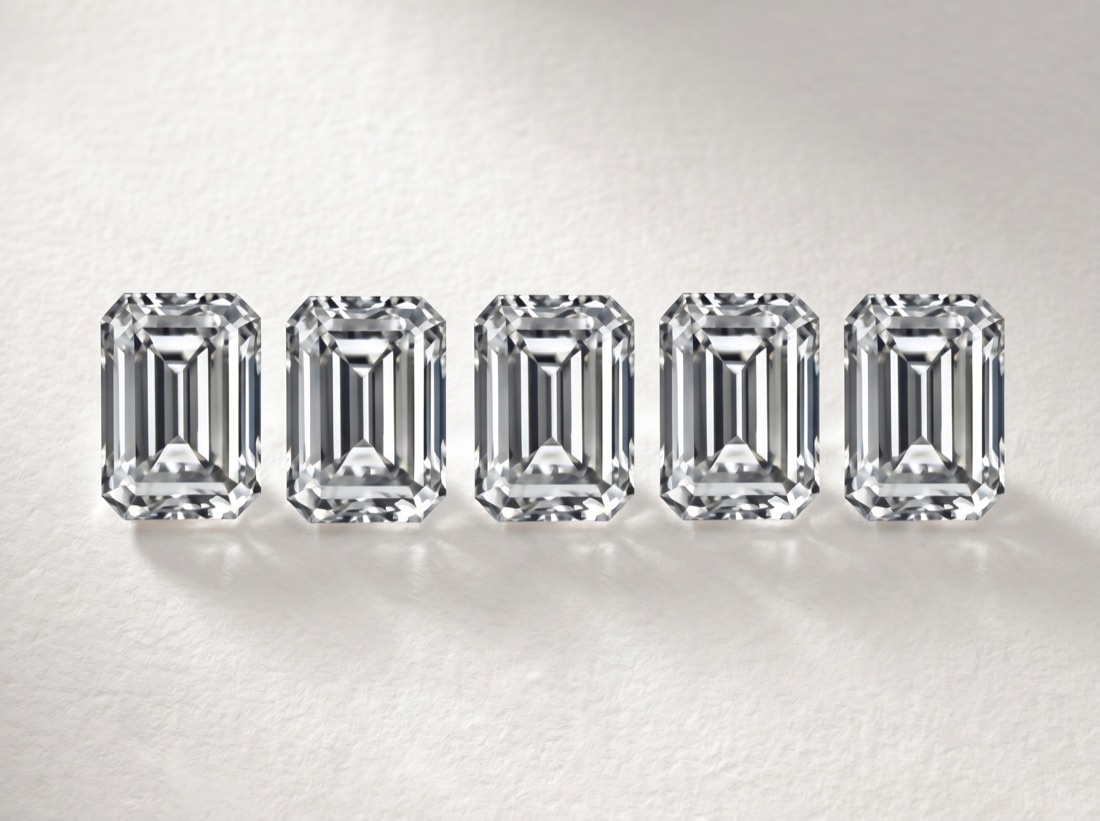 A row of five matched emerald-cut diamonds